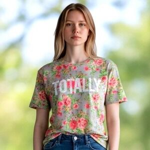 SO Totally Floral Graphic Tee Shirt Gray Pink Girls Size 16 Y2K Streetwear